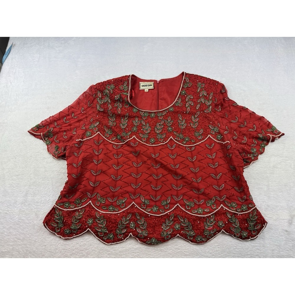 Odeon‎ Women's Red Silk Beaded Evening Top Size 20 Sleeveless Party Blouse